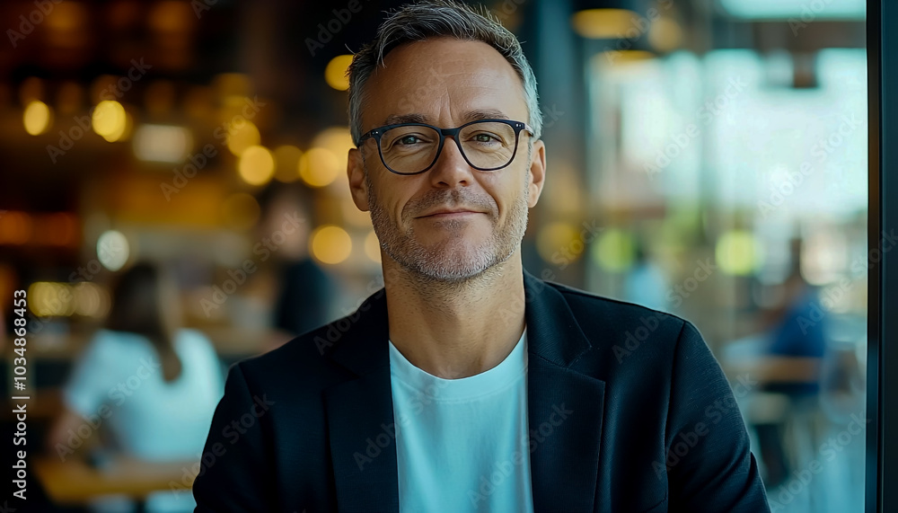 A video of an attractive middle-aged man with short hair and glasses, wearing a black blazer over a white t-shirt. A video of an attractive middle-aged man with short hair and glasses, wearing a black blazer over a white t-shirt.