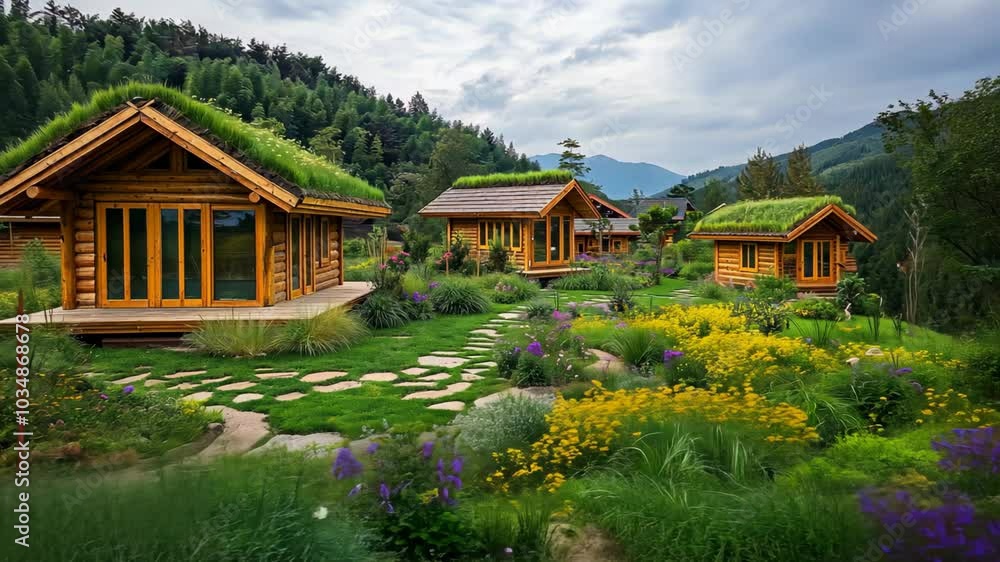 peaceful mountain resort with wood cabins and flowers garden peaceful mountain resort with wood cabins and flowers garden