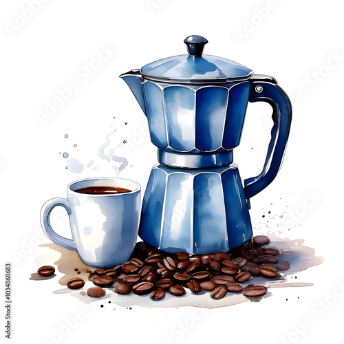 watercolor depiction of a modern coffee maker with a steaming carafe, paired with a cup of coffee and scattered coffee beans, on white background