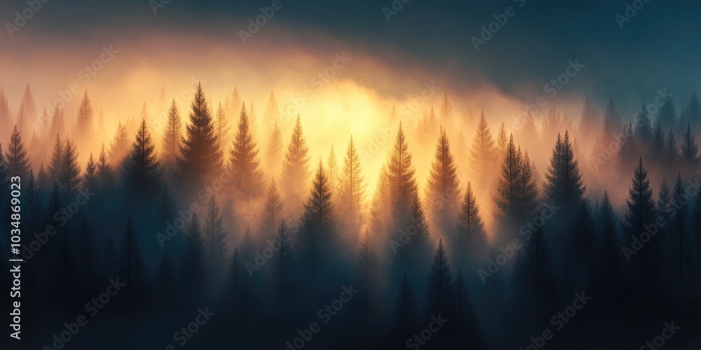 Misty autumn coniferous forest at dawn featuring towering spruces and pines, illuminated by sunlight, symbolizing a sustainable ecosystem and a thriving natural environment Misty autumn coniferous forest at dawn featuring towering spruces and pines, illuminated by sunlight, symbolizing a sustainable ecosystem and a thriving natural environment
