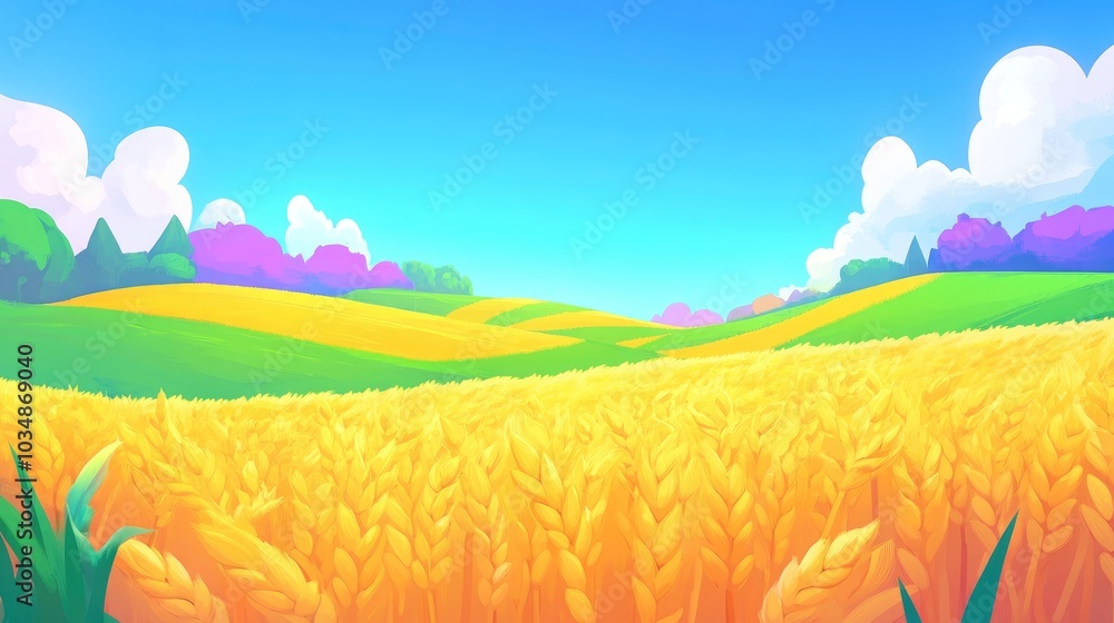 Expansive Panoramic Scene of Golden Wheat Fields Beneath a Clear Blue Sky Showcasing Rolling Hills and Lush Green Areas Embodying the Spirit of a Sunny Day in Nature