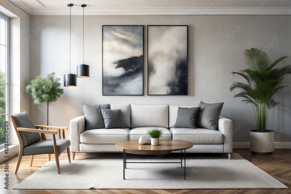 Fototapeta premium Modern living room with white sofa and minimal decor