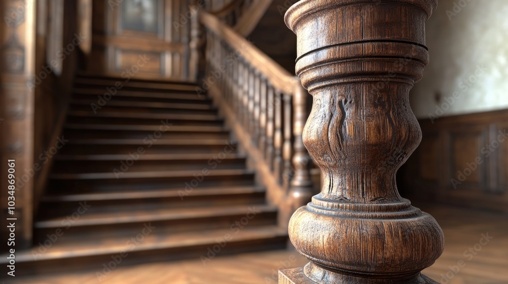 3D rendering of an old staircase featuring a close up view of a wooden carved pole 3D rendering of an old staircase featuring a close up view of a wooden carved pole