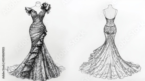 Ultra detailed, photorealistic fashion design sketch of a flowing maxi dress with tiered layers photo