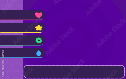 Game style presentation background with menu including heart flower gear and water drop icons in purple vector design