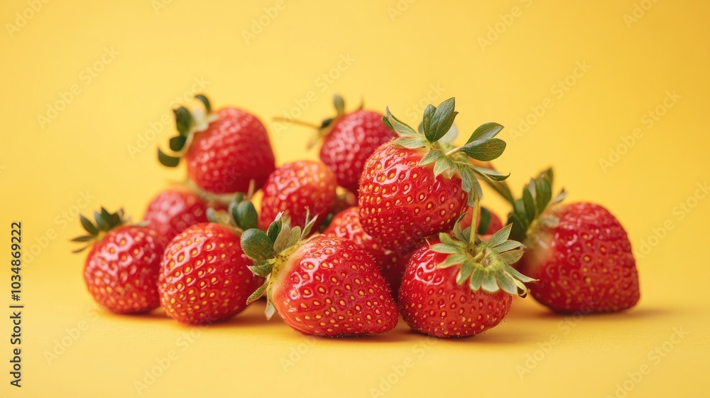 Fresh red strawberries against a bright yellow backdrop Fresh red strawberries against a bright yellow backdrop