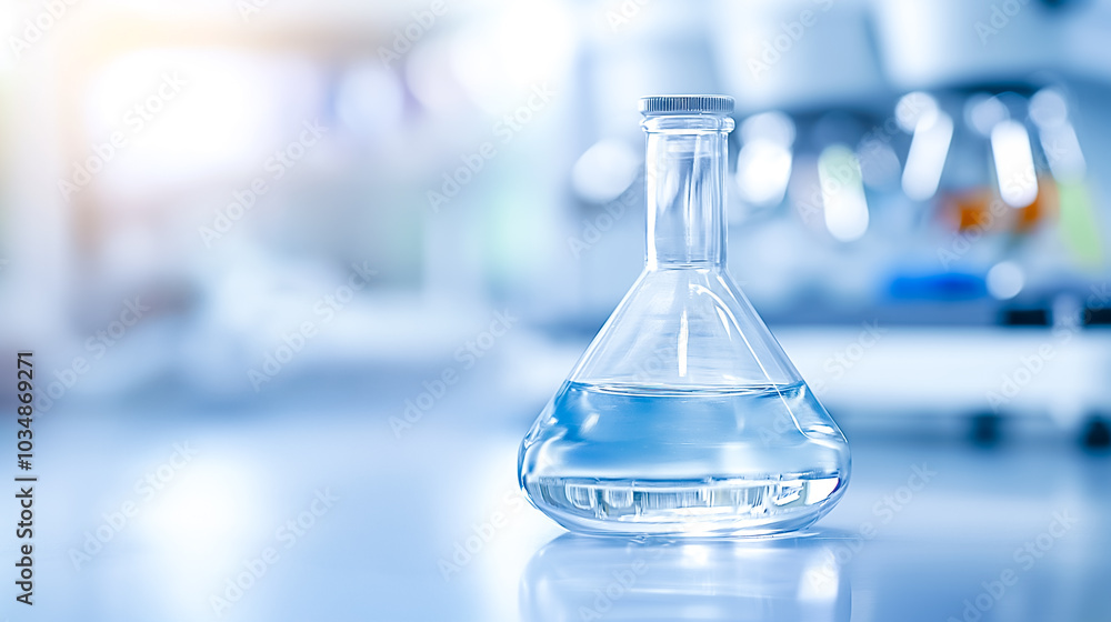 A clear laboratory flask filled with liquid is positioned on a shiny surface within a contemporary science facility, showcasing precision and cleanliness A clear laboratory flask filled with liquid is positioned on a shiny surface within a contemporary science facility, showcasing precision and cleanliness