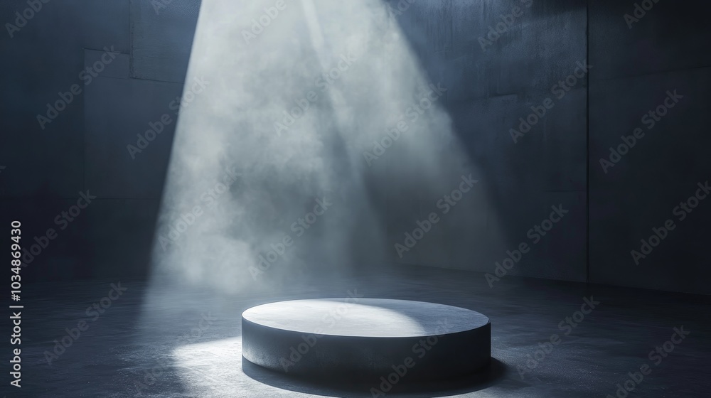 3D rendering of a dark smoky garage interior featuring a spotlight and a round pedestal on the concrete floor designed for product presentation and an empty stage concept 3D rendering of a dark smoky garage interior featuring a spotlight and a round pedestal on the concrete floor designed for product presentation and an empty stage concept