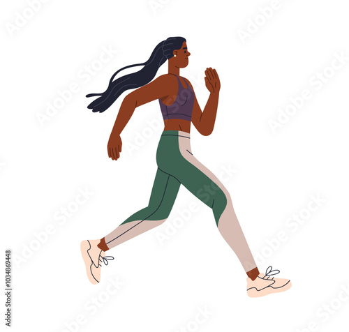 Black woman jogging. Female athlete in sportswear, exercising. Endurance training, cardio workout. Active healthy runner, jogger running. Flat vector illustration isolated on white background