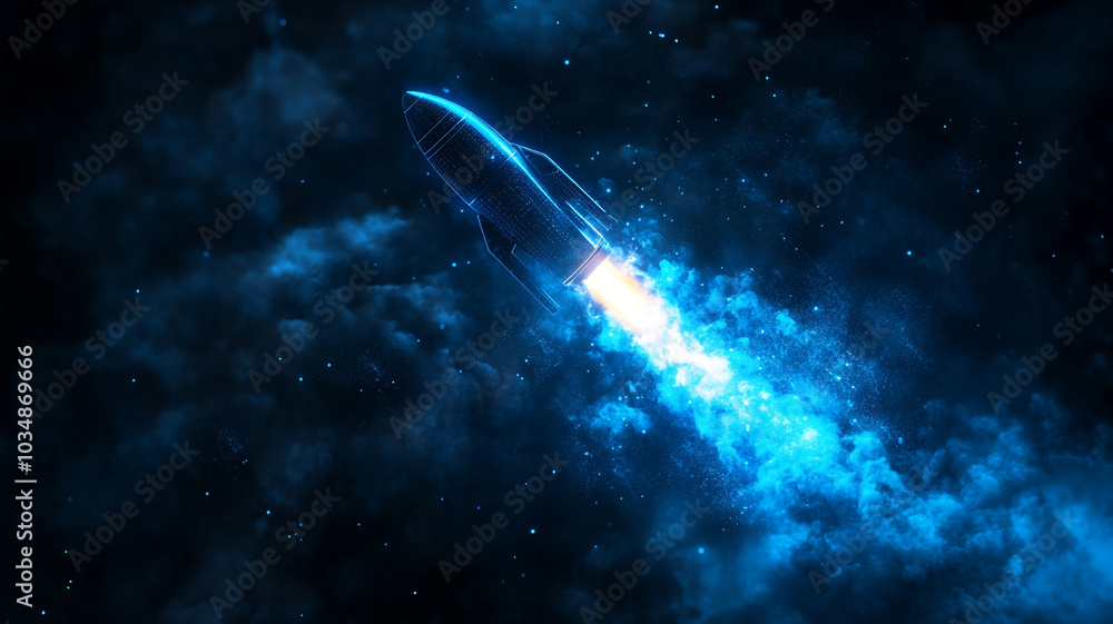 A futuristic rocket launches into the dark cosmos, leaving a trail of vibrant blue sparks A futuristic rocket launches into the dark cosmos, leaving a trail of vibrant blue sparks