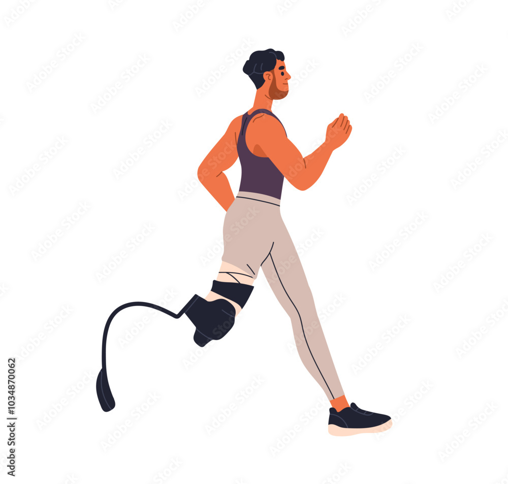 Man with prosthetic leg running. Athlete, person with disability doing sport, cardio workout, jogging. Active jogger, runner with prosthesis. Flat vector illustration isolated on white background Man with prosthetic leg running. Athlete, person with disability doing sport, cardio workout, jogging. Active jogger, runner with prosthesis. Flat vector illustration isolated on white background
