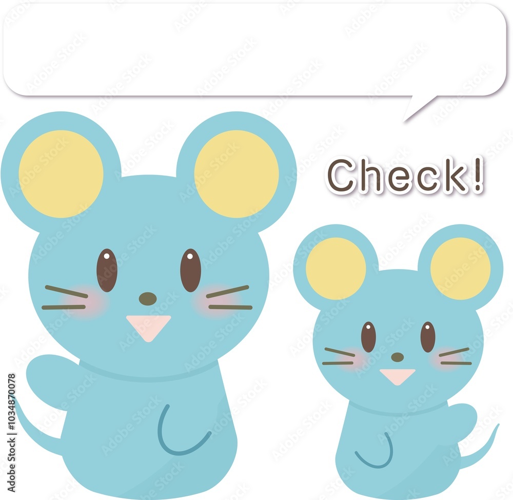 チェックふきだし付きの親子のネズミさん