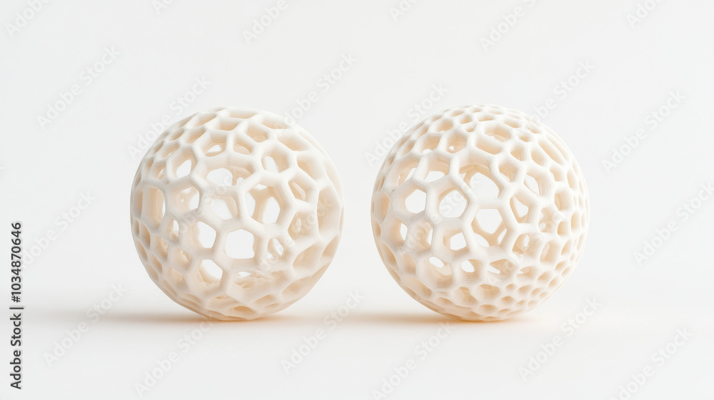 Intricate white decorative spheres with honeycomb pattern, showcasing modern design and elegance. Perfect for home decor or artistic displays, these unique pieces add touch of sophistication