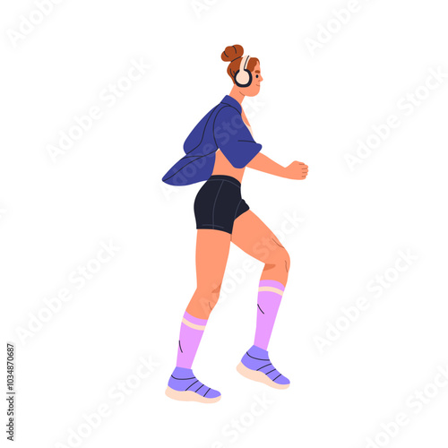 Woman jogging. Female runner in headphones, cardio workout. Active healthy young jogger running, profile. Girl training, exercising, doing sport. Flat vector illustration isolated on white background