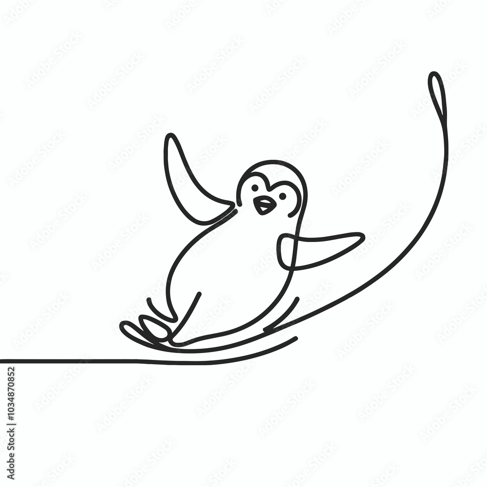 Penguin sliding in continuous line drawing. Penguin sliding in continuous line drawing.