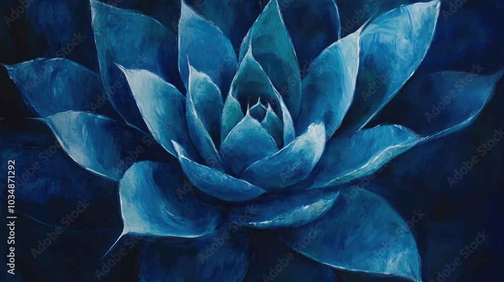 Abstract oil painting of agave cactus featuring a natural pattern with deep blue tones Abstract oil painting of agave cactus featuring a natural pattern with deep blue tones