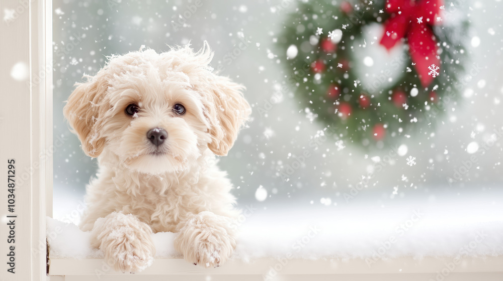 fluffy puppy gazes out snowy window, surrounded by festive decorations, evoking warmth and joy during holiday season fluffy puppy gazes out snowy window, surrounded by festive decorations, evoking warmth and joy during holiday season