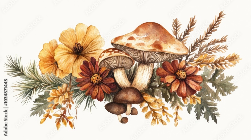Autumn bouquet featuring mushrooms flowers and a pine branch Watercolor illustration Autumn bouquet featuring mushrooms flowers and a pine branch Watercolor illustration