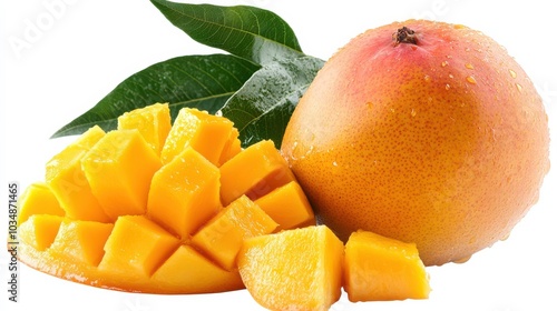 Ripe Mango and Slices on White backgraund