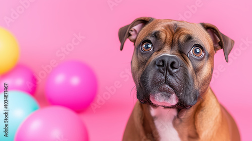 playful dog with curious expression sits against vibrant pink background, surrounded by colorful balls, evoking sense of joy and fun