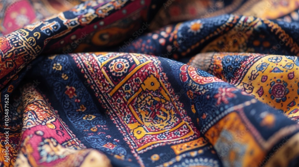Colorful print featuring abstract patterns in an ajrak style design Colorful print featuring abstract patterns in an ajrak style design