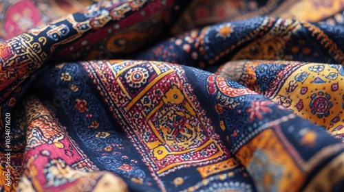 Colorful print featuring abstract patterns in an ajrak style design photo