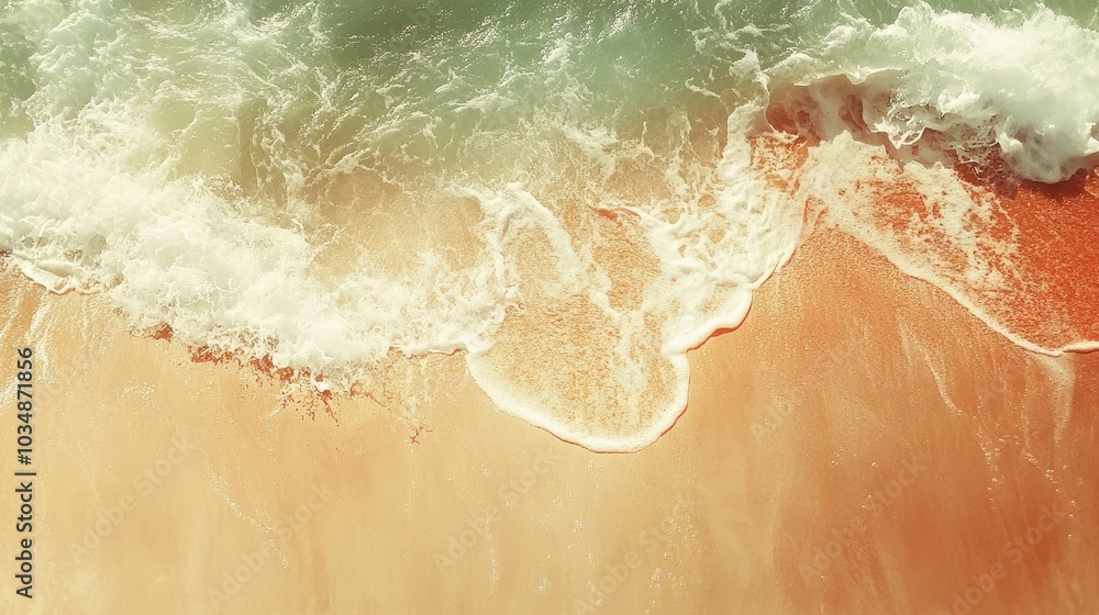 Fototapeta premium A serene beach scene capturing gentle waves lapping against golden sand under soft sunlight.