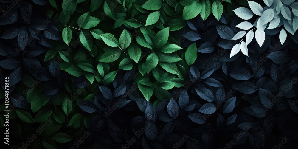 Green leaf background featuring contrasting black and white leaves, Contrasting black and white leaves on a green leaf background Green leaf background featuring contrasting black and white leaves, Contrasting black and white leaves on a green leaf background