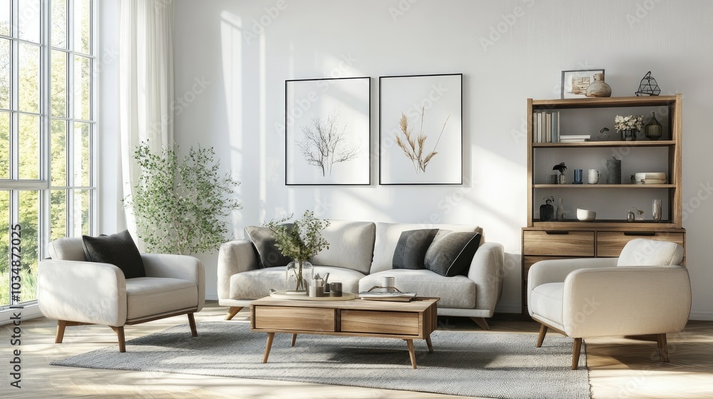 Scandinavian style living room interior featuring a sofa and two armchairs a shelf and drawer and a coffee table adorned with art decoration on hardwood flooring Panoramic window included 3D rende Scandinavian style living room interior featuring a sofa and two armchairs a shelf and drawer and a coffee table adorned with art decoration on hardwood flooring Panoramic window included 3D rende