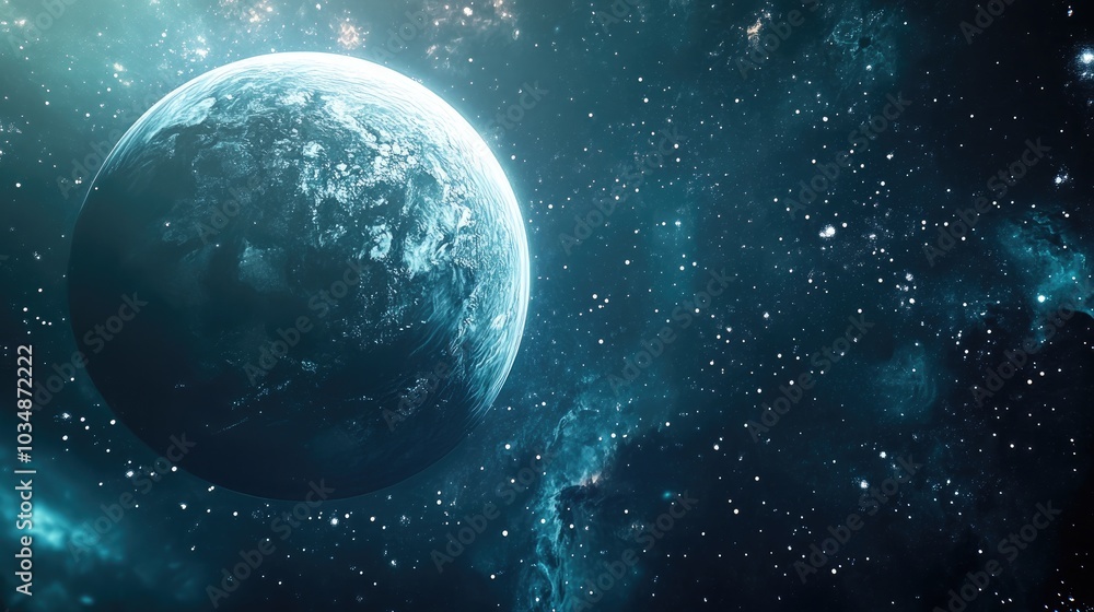 Deep space beauty featuring an orbiting planet in a 3D cartoon rendering