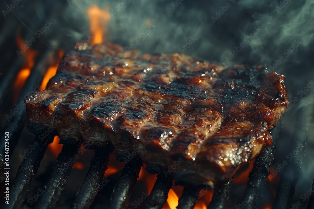 Close-up of a juicy steak cooking on a hot grill with flames and smoke. Close-up of a juicy steak cooking on a hot grill with flames and smoke.