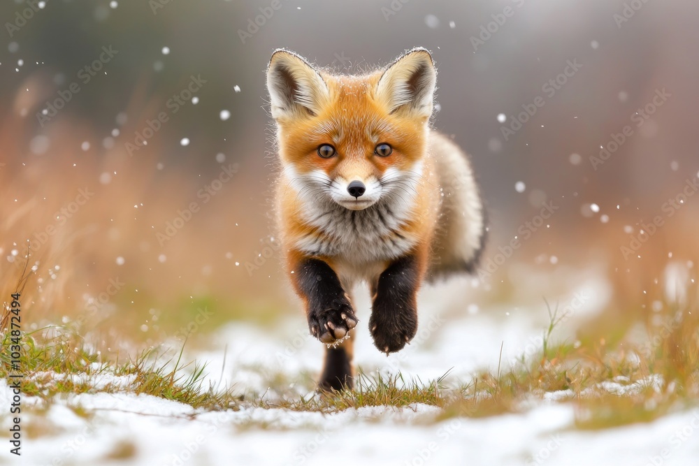 Fototapeta premium Red Fox Running Through Snow