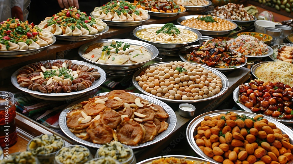 A delicious array of classic arabic food with almonds and nuts is served during ramadan A delicious array of classic arabic food with almonds and nuts is served during ramadan