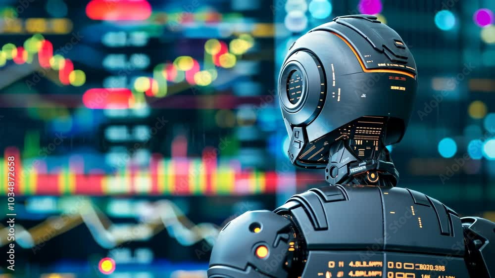 robot with hologram screen with trading market graph, financial and economic with Ai personal assistant concept robot with hologram screen with trading market graph, financial and economic with Ai personal assistant concept