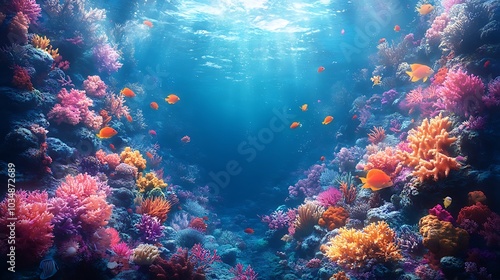 Vibrant coral reef teeming with colorful fish, bathed in sunlight.