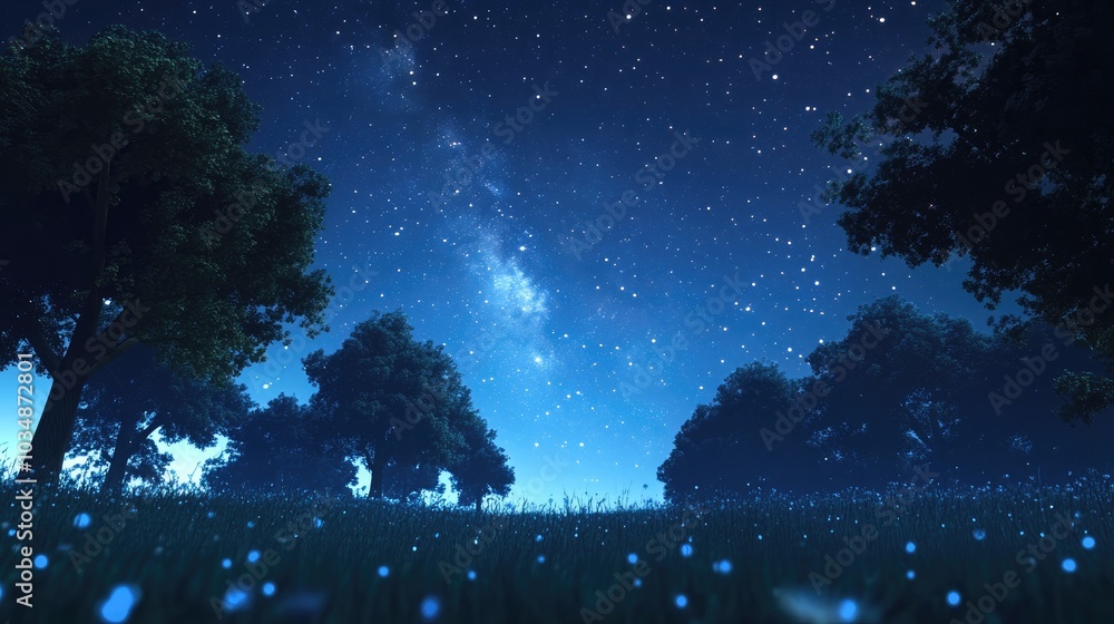 3D cartoon rendering featuring a starry blue dark night sky over a field of trees with a Milky Way cosmos backdrop 3D cartoon rendering featuring a starry blue dark night sky over a field of trees with a Milky Way cosmos backdrop
