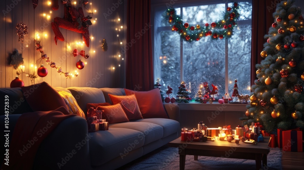 3D rendering of a festive living room featuring a cozy sofa and decorations for a celebration 3D rendering of a festive living room featuring a cozy sofa and decorations for a celebration