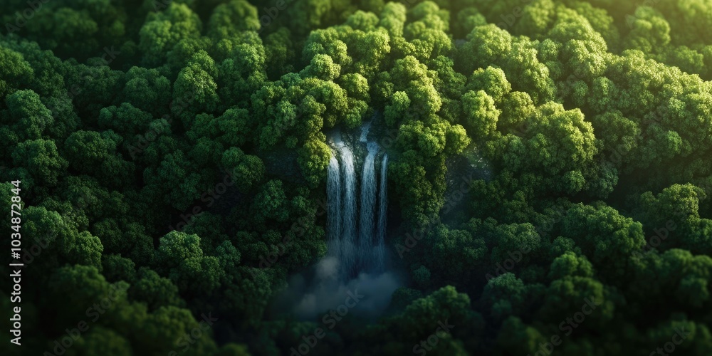 Aerial view of a mountain waterfall surrounded by lush forest landscapes, Aerial view of a waterfall in a forested landscape Aerial view of a mountain waterfall surrounded by lush forest landscapes, Aerial view of a waterfall in a forested landscape