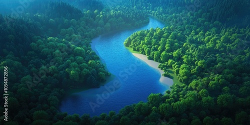 Aerial perspective showcasing the scenic interplay of river, beach, and forest, highlighting the stunning textures of nature captured from above