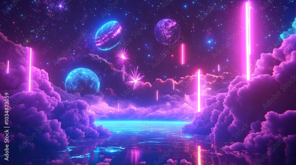 3D render of a cartoon depiction featuring an abstract cosmic background showcasing the big bang galaxies celestial elements and the beauty of the universe with neon glow stars outer space and fir 3D render of a cartoon depiction featuring an abstract cosmic background showcasing the big bang galaxies celestial elements and the beauty of the universe with neon glow stars outer space and fir