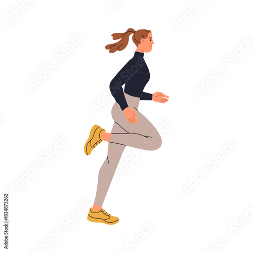 Female runner jogging. Active woman profile, running, exercising for cardio endurance. Healthy girl jogger workout, doing sport, training. Flat vector illustration isolated on white background