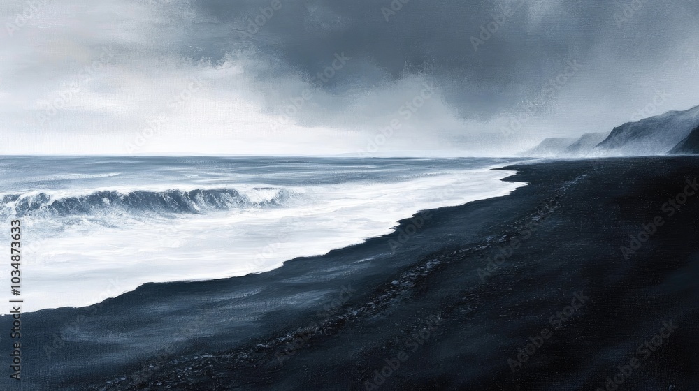 Oil painting of a volcanic black sand beach featuring dramatic landscapes and the unique textures of dark sand Oil painting of a volcanic black sand beach featuring dramatic landscapes and the unique textures of dark sand