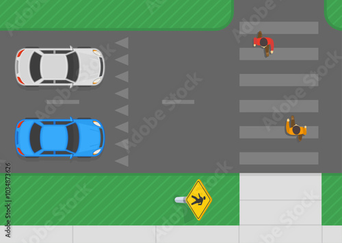 Pedestrian safety. Traffic regulation rules and tips. Top view of a pedestrians crossing the street on an advanced crosswalk. Flat vector illustration template.