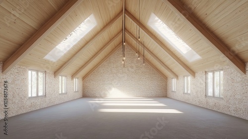 3D rendering of spacious empty attic rooms following wall and ceiling renovations