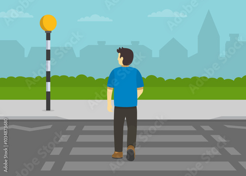 Pedestrian safety rules and tips. Back view of male character on pedestrian crossing with belisha beacon. Flat vector illustration template.