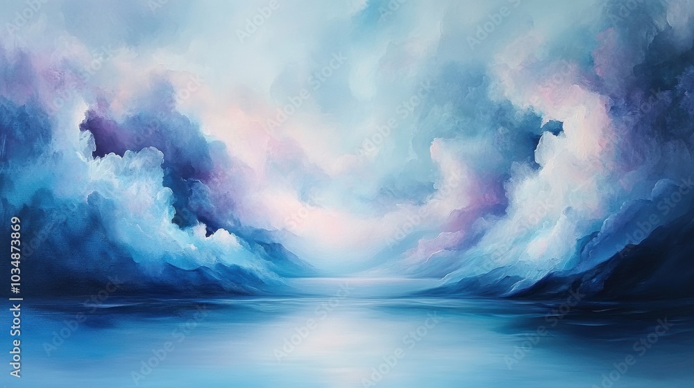 Obraz premium A serene landscape painting featuring soft blue and purple clouds reflecting on a calm body of water, evoking tranquility and depth.