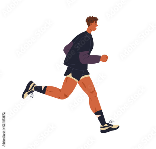 Runner jogging outdoors. Man athlete exercising for cardio endurance. Happy jogger in shorts, running workout. Healthy active young person. Flat vector illustration isolated on white background