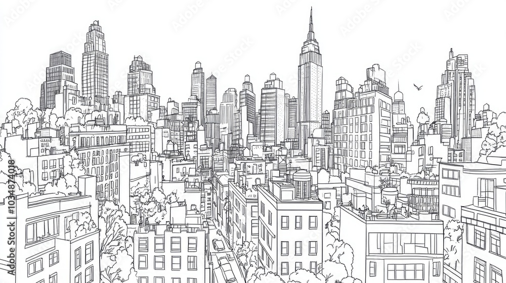 Line art illustration of a city depicted with bold outlines on a clean white background Line art illustration of a city depicted with bold outlines on a clean white background