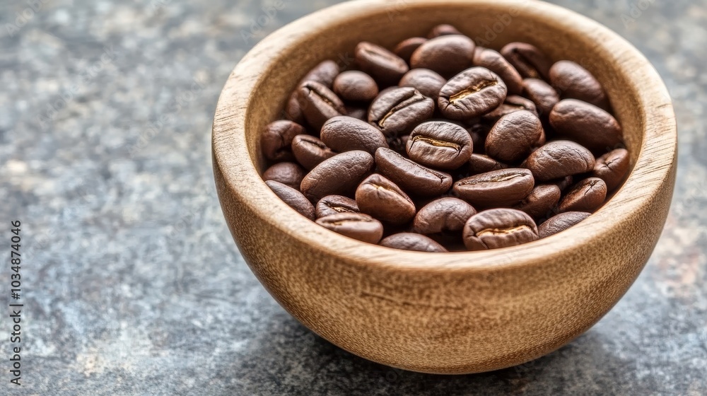 A wooden bowl filled with roasted coffee beans, showcasing rich textures and colors. A wooden bowl filled with roasted coffee beans, showcasing rich textures and colors.