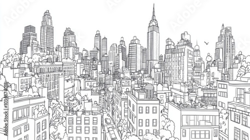 Line art illustration of a city depicted with bold outlines on a clean white background